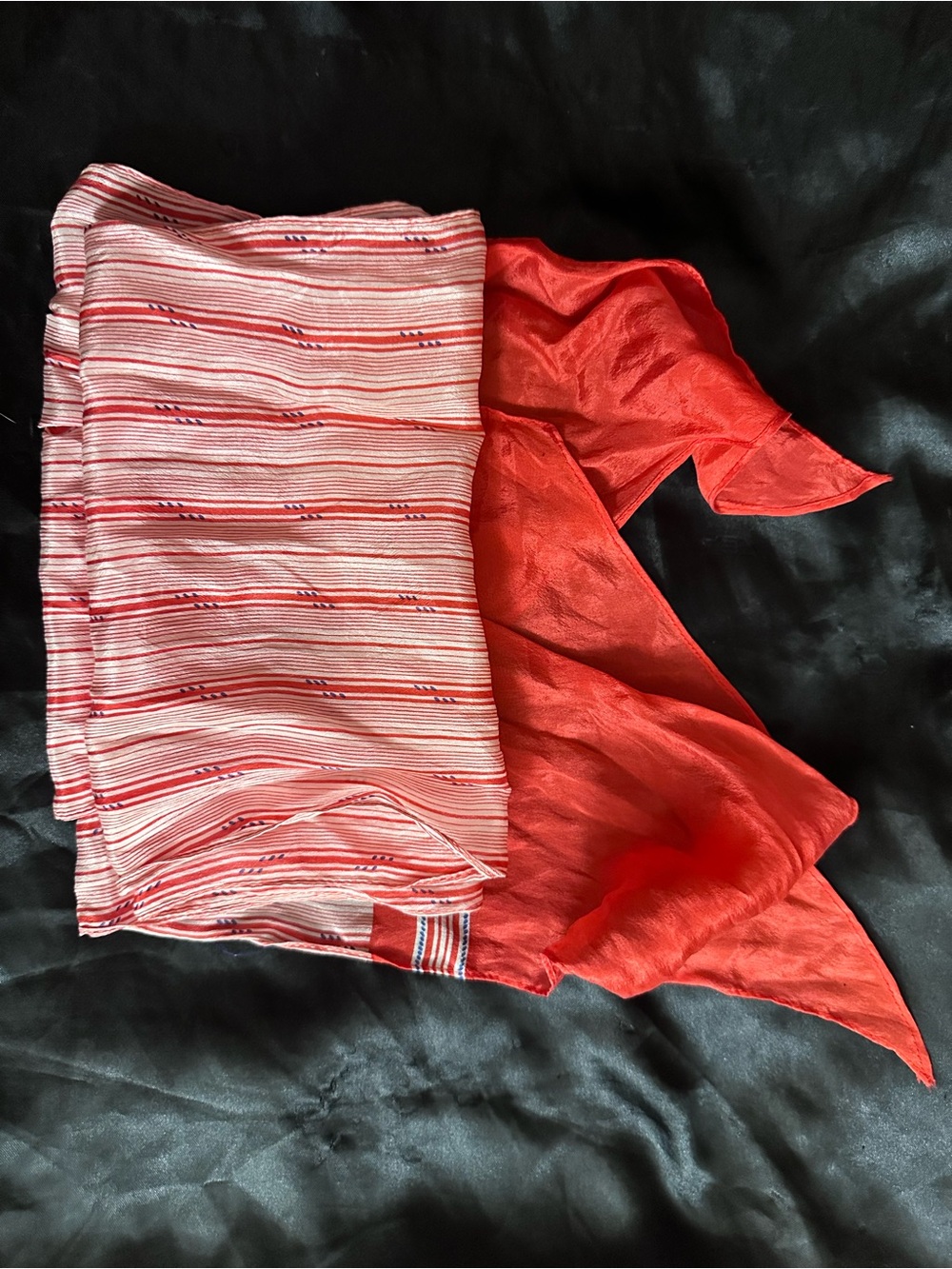 Red & Cream Striped Silk Scarf with Solid Red Accent